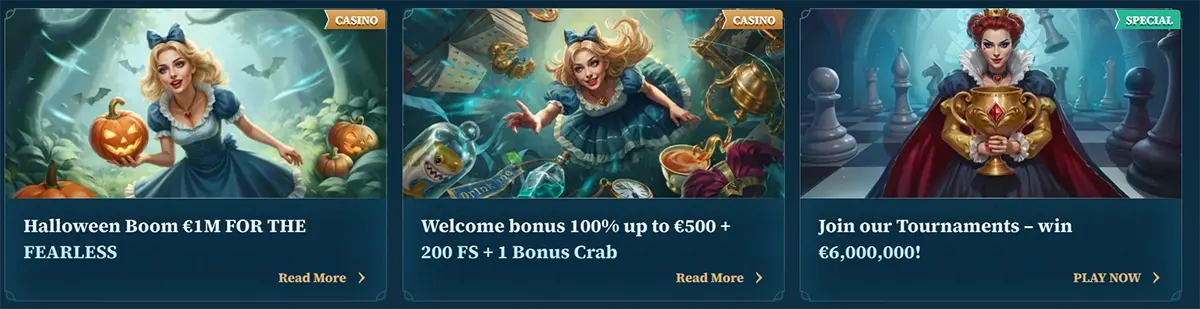 Casino promo cards featuring a Halloween-themed campaign, a welcome bonus of 100% up to €500 plus 200 free spins and 1 bonus crab, and a tournament promotion with a €6,000,000 prize pool, each with fantasy-style artwork and call-to-action links.