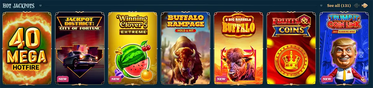 Hot jackpots section featuring 40 Mega Hotfire, Jackpot District: City of Fortune, Winning Clover 5 Extreme, Buffalo Rampage, 3 Big Barrels Buffalo, Fruits & Coins, and Trumpit Coin Link, with “New” labels and a “See all” link on a dark blue casino interface.