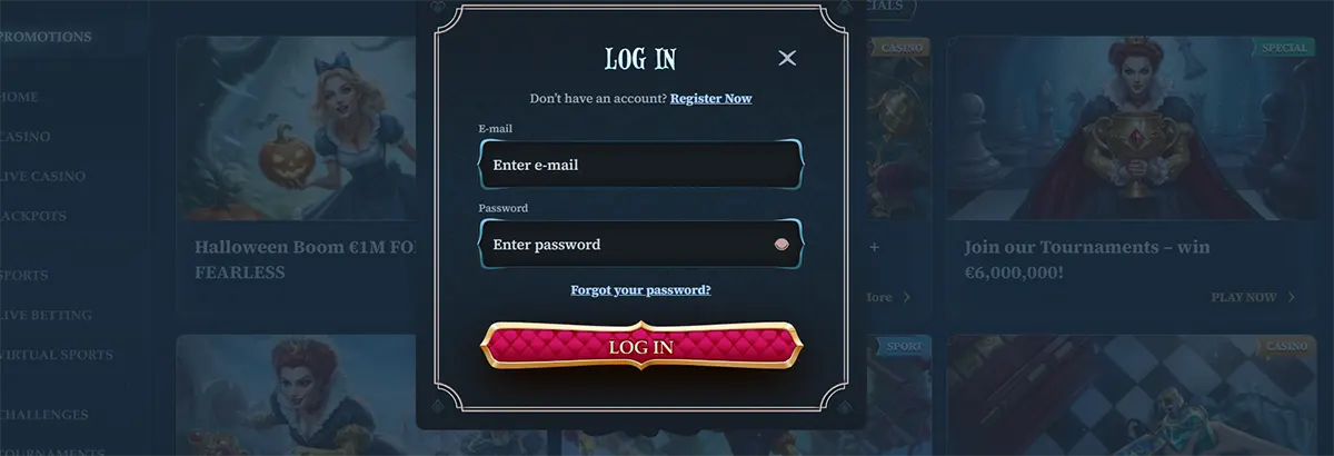 Fantasy-themed casino login popup with email and password fields, a forgot password link, registration prompt, and a pink “Log In” button on a dark blue promotions background.